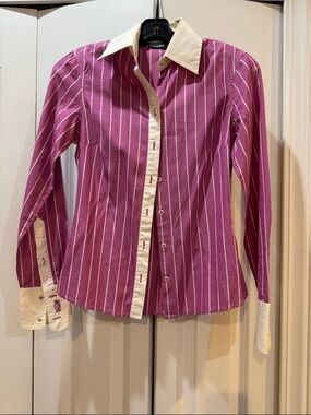 Striped Magenta Button-Down Blouse with Contrast Collar